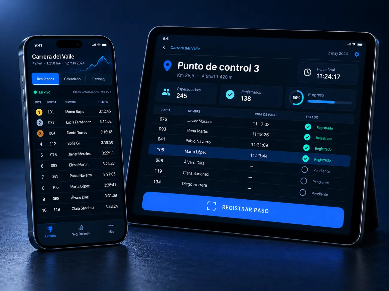App de participantes y app de jueces para puntos de control
