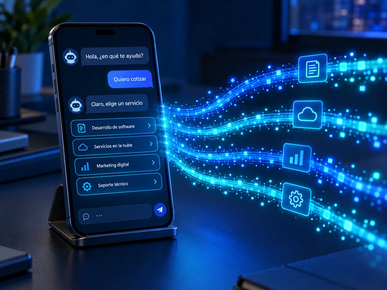 Chatbot en un teléfono con flujos de datos