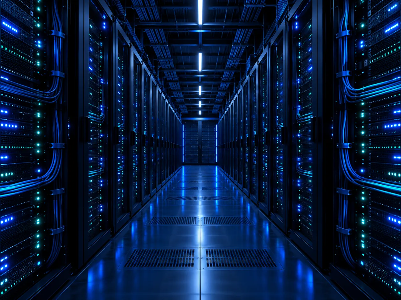 Centro de datos con luces azules