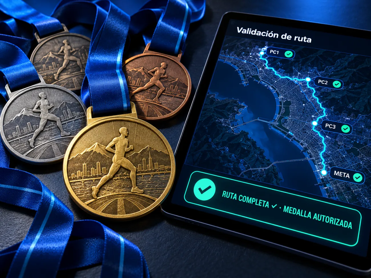 Medallas y tableta con la ruta validada