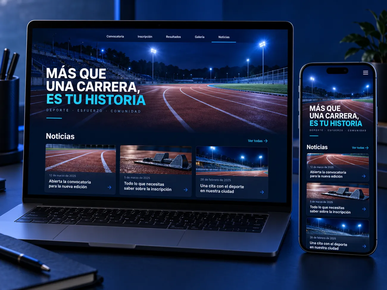 Micrositio de evento en laptop y teléfono